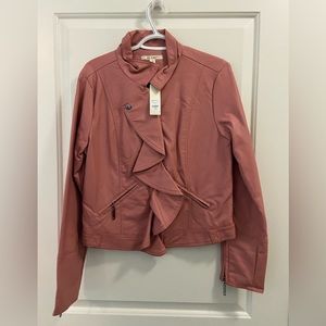NWT Pink faux leather jacket with ruffles down the middle by the zipper